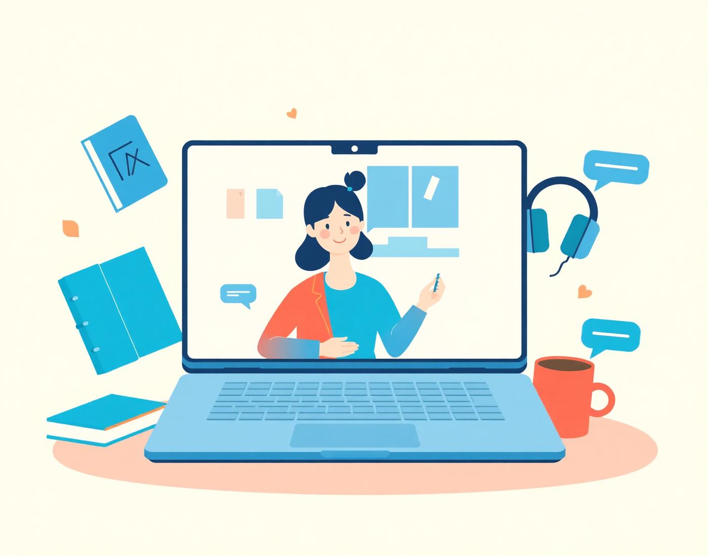 Ilustración de una clase de inglés online con profesora en pantalla, libros y audífonos